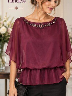 New Vintage J.R. Nites by Carol Lin Chiffon Satin & Beads Top Wine Color sz 14